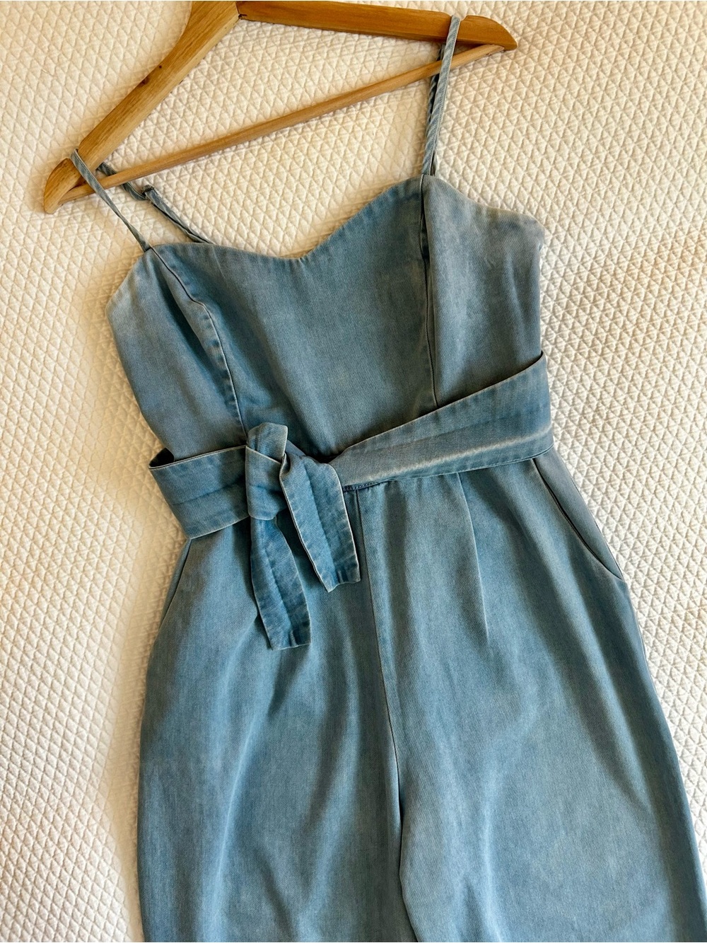 Astr | Edie Light Blue Denim Jumpsuit with Tie Waist 100% Cotton